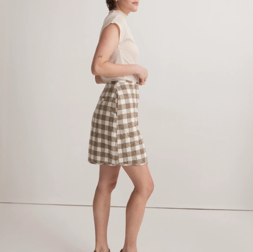 Madewell: Green/Cream Quilted Plaid Button-Down Skirt - Size 6 - Picture 3 of 6